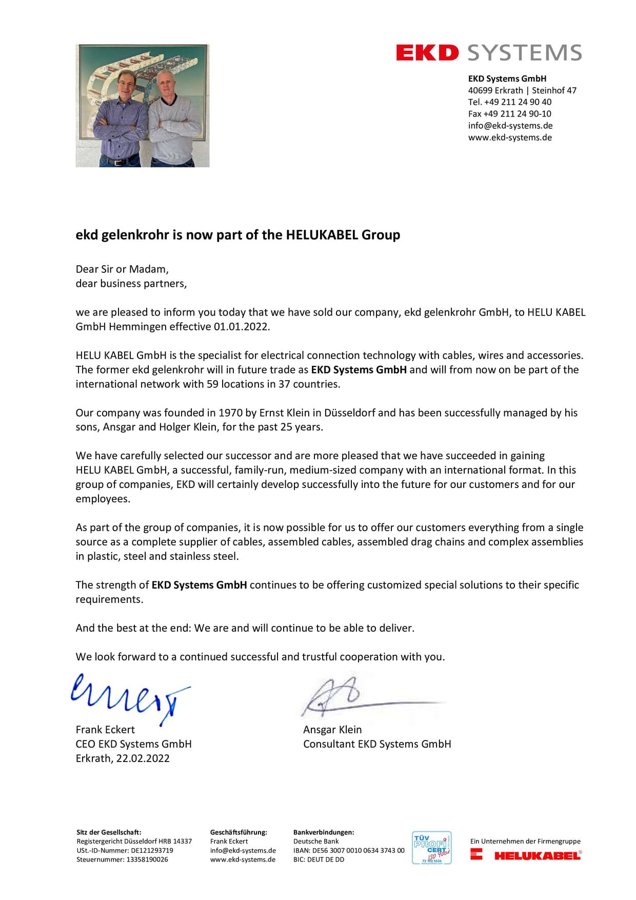 Письмо о переименовании компании EKD Gelenkrohr GmbH в EKD Systems GmbH на английском